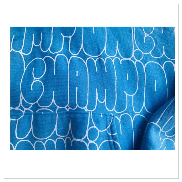 Champion Reverse Weave Bubble Script Blue Hooded Sweatshirt Size Medium - Picture 2 of 8